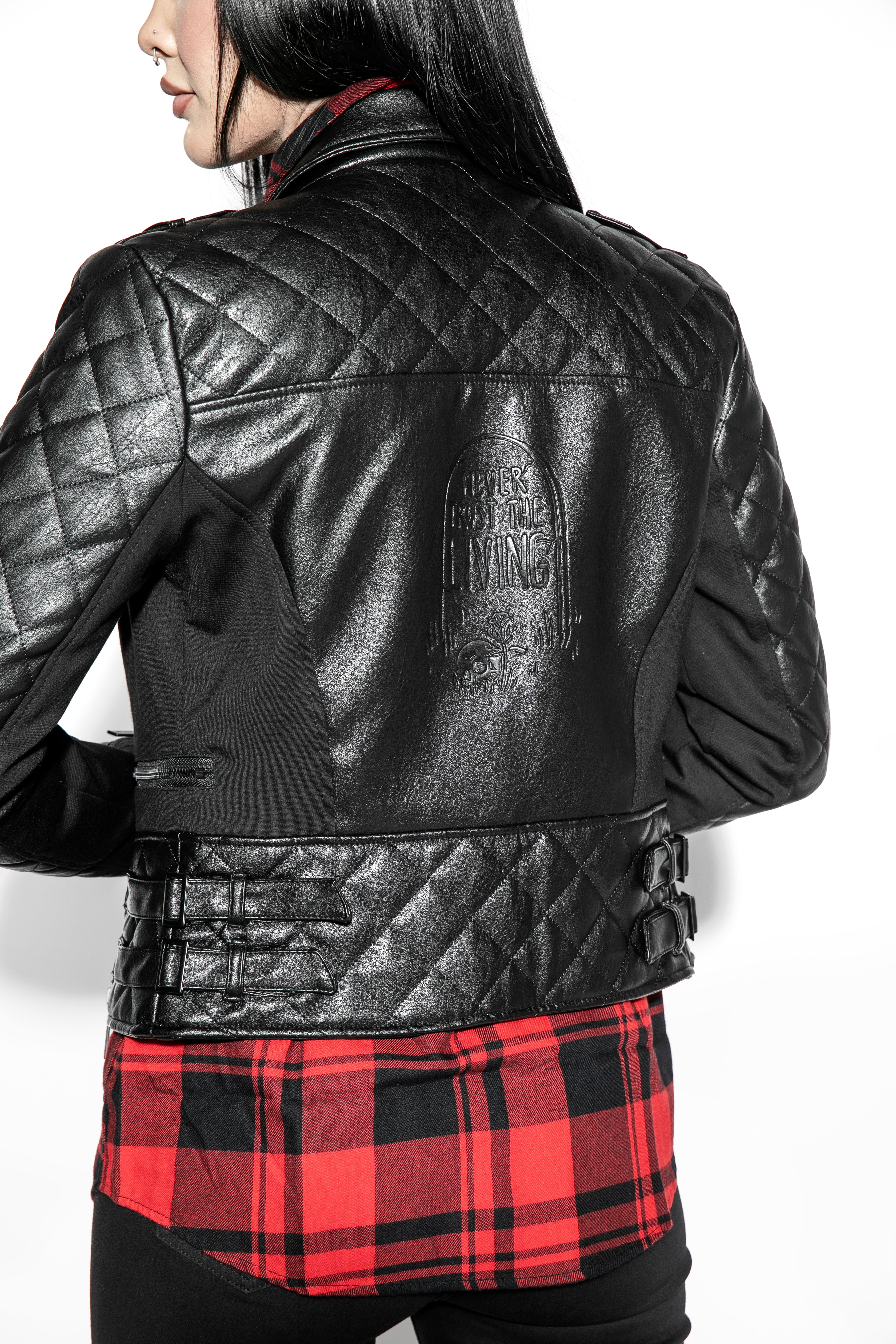 Never Trust Quilted Faux Leather Moto Jacket - Image 4